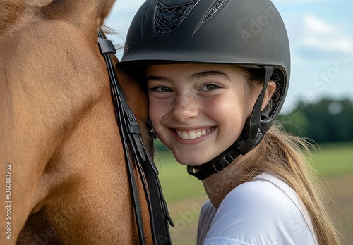 Girl smiles with horse, and riding helmet.