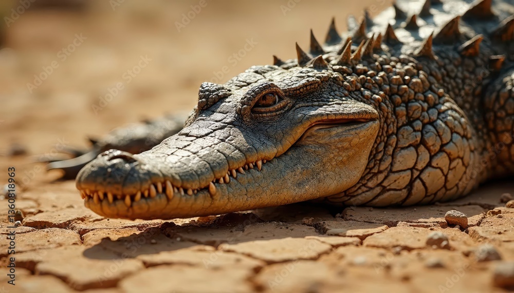 Obraz premium Close-up of a Nile Crocodile Resting on Dry, Cracked Earth