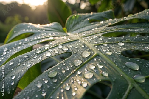 Wallpaper Mural Transparent Water Droplets on Monstera Leaf with Backlit Morning Sun and Bokeh Background – Macro Detail for Wellness/Spa Branding Torontodigital.ca