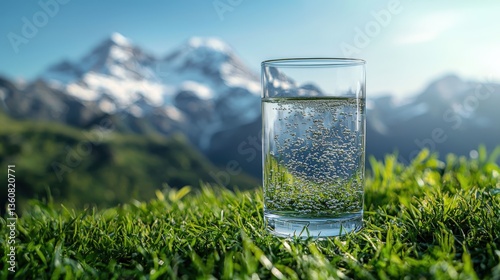 Fresh mountain spring water in a glass surrounded by lush grass and snow-capped peaks