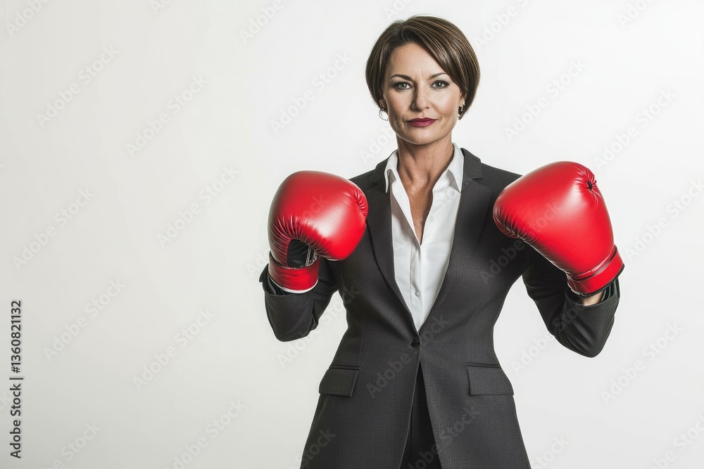 Confident businesswoman in a suit, ready for a challenge, wearing red boxing gloves. Confident businesswoman in a suit, ready for a challenge, wearing red boxing gloves.