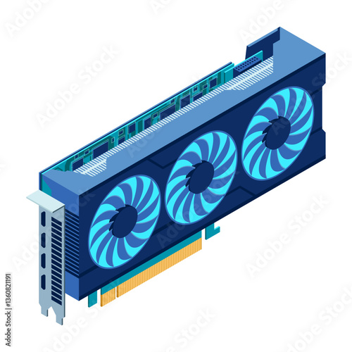Isometric video graphic card. Video card isometric. Computer hardware components. GPU graphic card illustration
