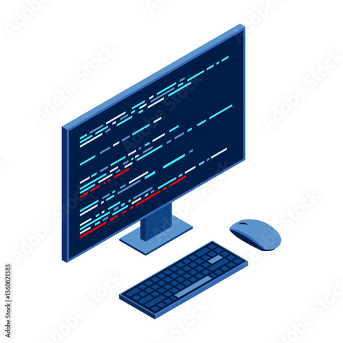 Isometric monitor with program code on screen. Computer programming with keyboard and mouse. Programming concept. Web development. Isometric technology