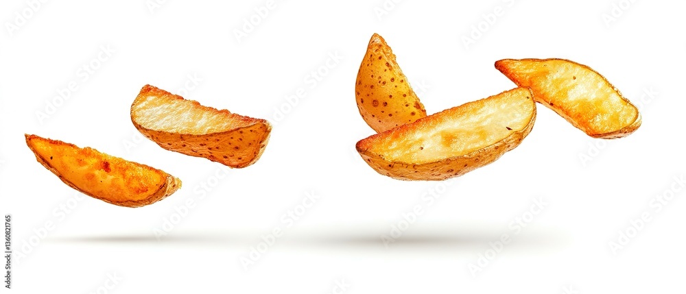 Roasted Potato Wedges Floating Gracefully Against a White Background