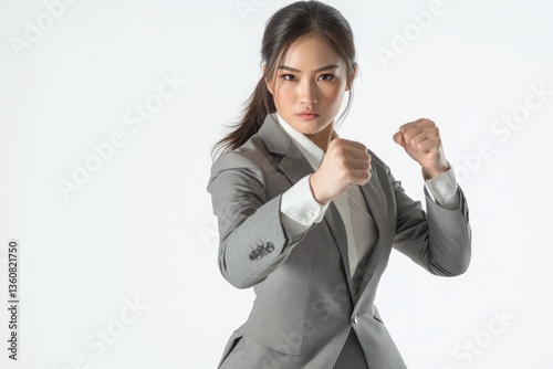 A determined businesswoman in a grey suit displays a fighting stance, embodying strength and resilience.