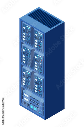 Isometric server. Network server room. 3D computer equipment. Storage database. Isometric technology