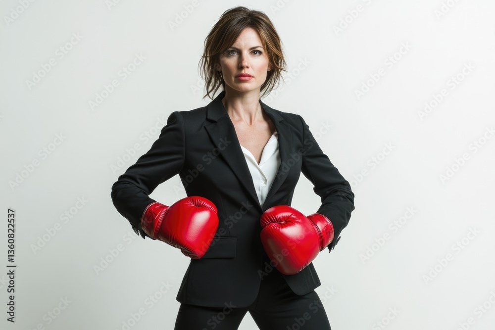 A businesswoman in a black suit confidently wears red boxing gloves, symbolizing strength and resilience in the corporate world. A businesswoman in a black suit confidently wears red boxing gloves, symbolizing strength and resilience in the corporate world.