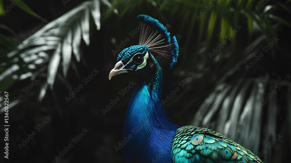 Obraz premium Majestic peacock with only its brilliant blue and green plumage highlighted against a black and white garden