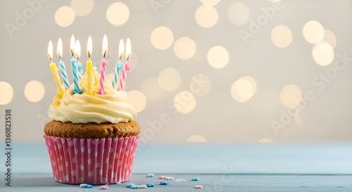 A delicious-looking cupcake with white frosting lit candles in pink, yellow, and blue holders. The cupcake is in a polka-dot paper cup, sitting on a light blue wooden surface.