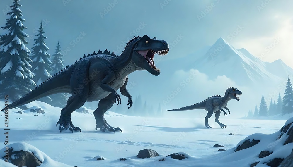 Fototapeta premium dinosaurs in an icy prehistoric landscape, Cryolophosaurus on an icy landscape, Tyrannosaurus Rex dinosaur walking and roaring in a snowy landscap, created with generative ai