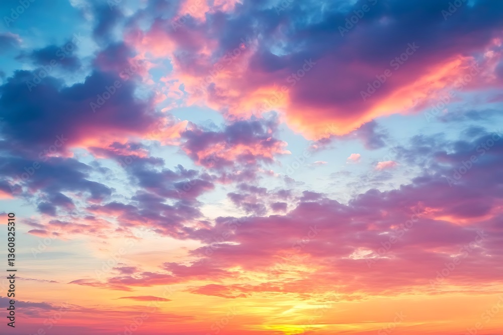 Fototapeta premium Colorful sunset sky with vibrant clouds transitioning from warm tones to cool hues, creating a picturesque and serene natural background.