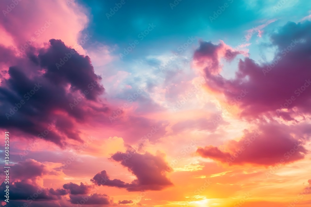 Fototapeta premium Colorful sunset sky with vibrant clouds transitioning from warm tones to cool hues, creating a picturesque and serene natural background.