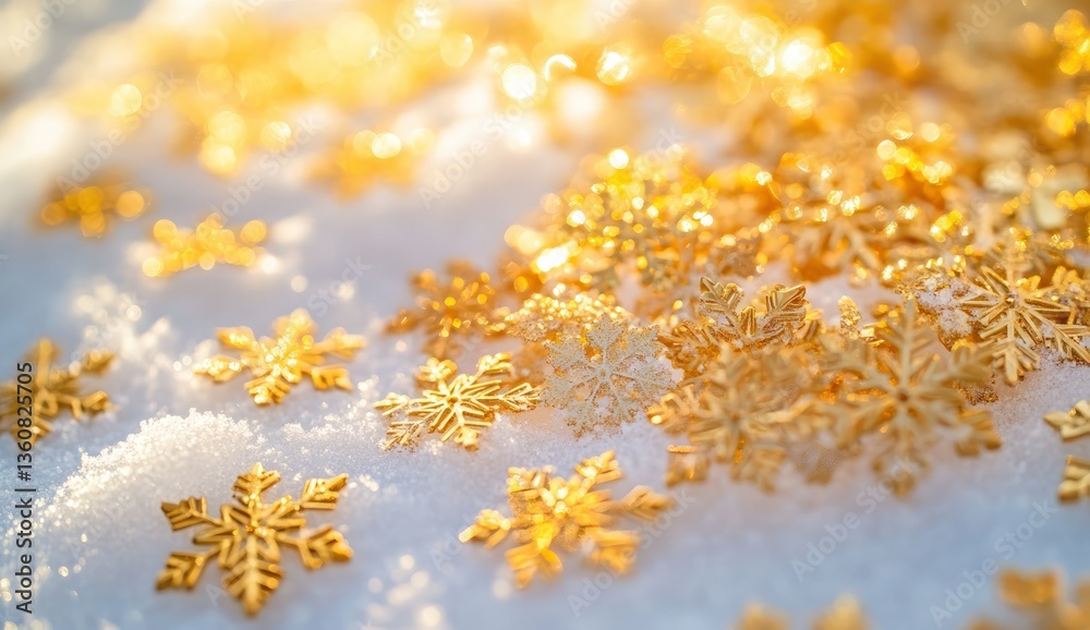 Golden snowflakes on snowy ground.