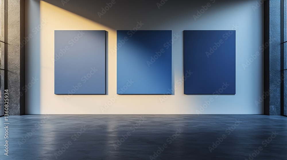 High-end contemporary setting showcasing deep blue paint samples on a white wall High-end contemporary setting showcasing deep blue paint samples on a white wall
