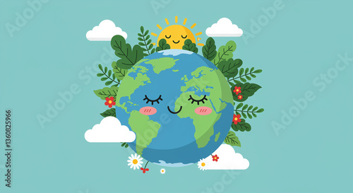 Happy earth with smiling face surrounded by leaves and flowers with sun and clouds illustration