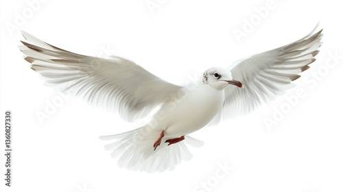 A graceful white seagull soaring through the air with outstretched wings against a bright white background