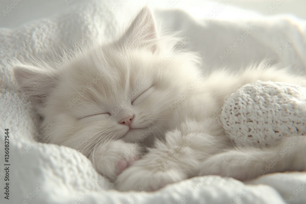 Obraz premium A fluffy white kitten peacefully sleeps curled up on a soft, white blanket.