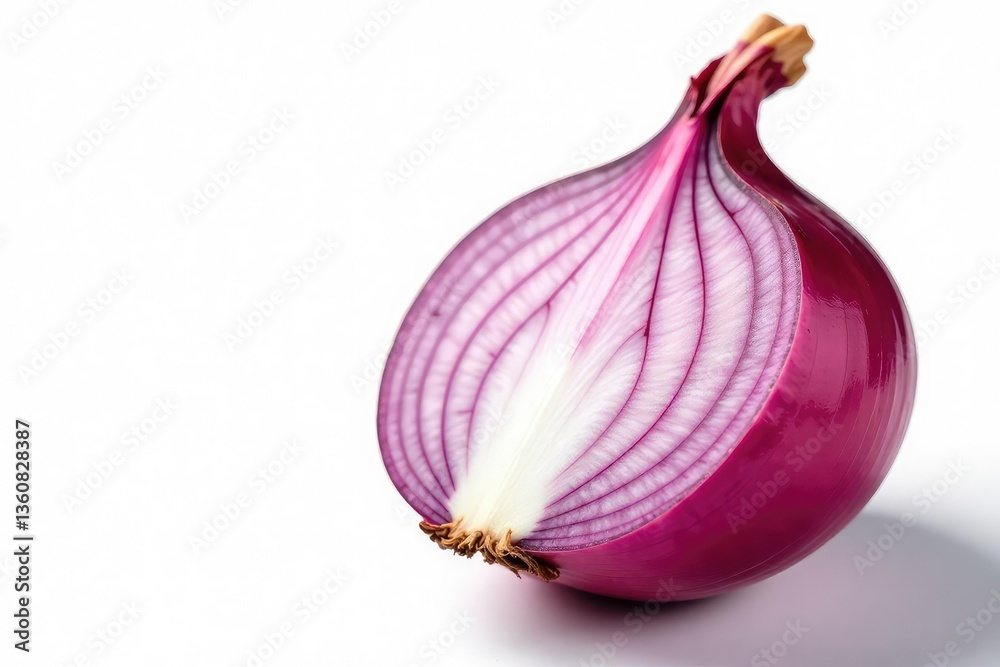 Fototapeta premium Close-up of red onion, showing layers and texture, pure white backdrop, root, healthy, bulb