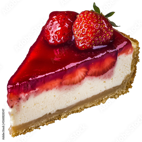 Rich and creamy strawberry cheesecake slice adorned with juicy berries at a sunny outdoor café