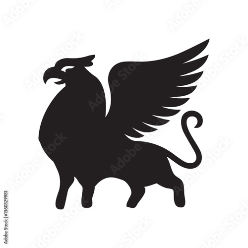 Griffin Silhouette with Eagle Head and Lion Body, Legendary Fantasy Creature Vector Design
