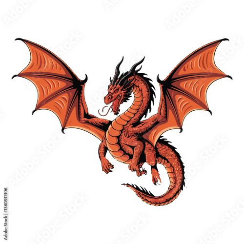 Stylized Flying Dragon with Green Scales, Fantasy Animal Drawing