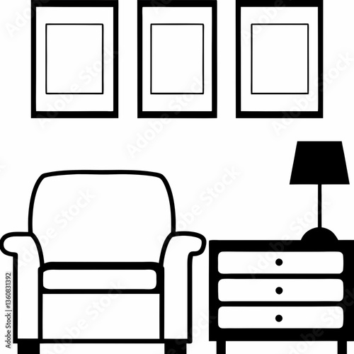 Peaceful evening in a cozy living room, featuring a comfortable armchair, three framed pictures, and a bedside table with a lamp, showcasing simple black lines on a white background.
