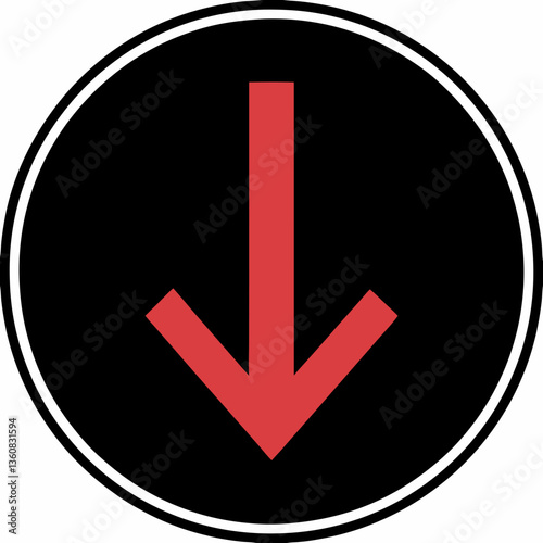 A bold red arrow pointing down, commanding attention within a stark black circle framed by a crisp white border.