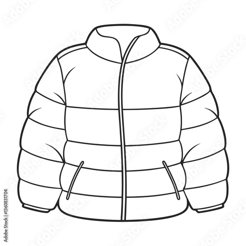 A cozy puffer jacket ready for winter adventures, featuring a classic design with a full zip and multiple pockets in a simple line drawing.