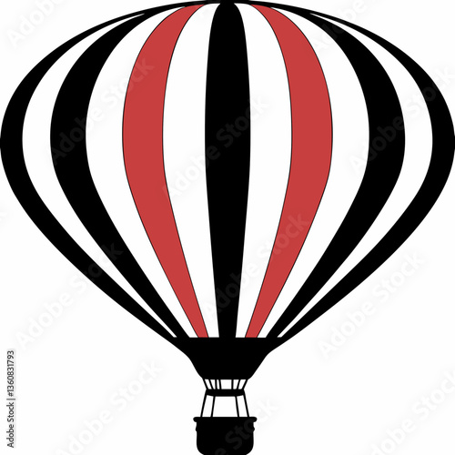 A majestic hot air balloon soaring through the sky, its red and black stripes catching the sunlight, symbolizing adventure and freedom in a bold graphic illustration.