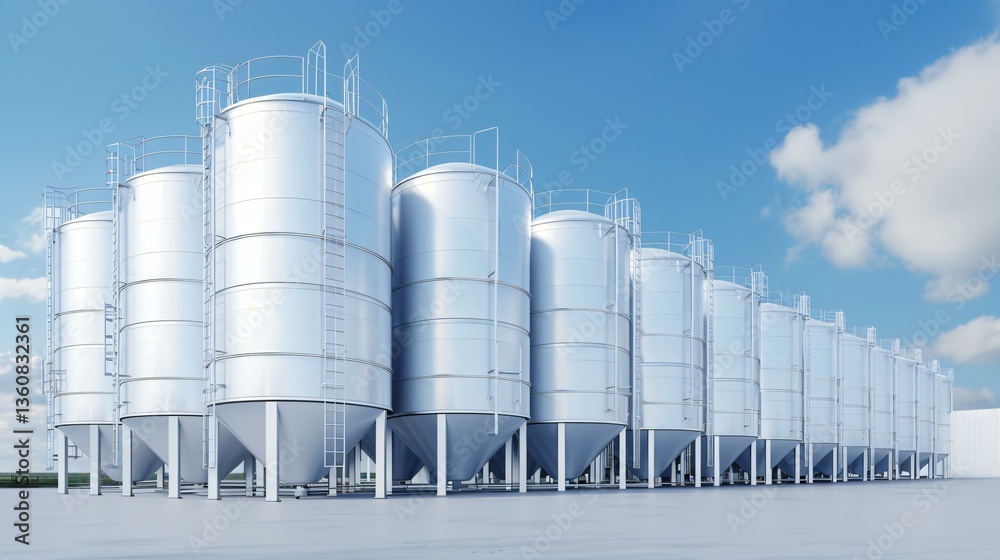 Fototapeta premium Massive biomass storage silos containing eco-friendly fuel sources, ready for combustion in clean energy plants, industrial renewable energy facility, sharp and detailed textures