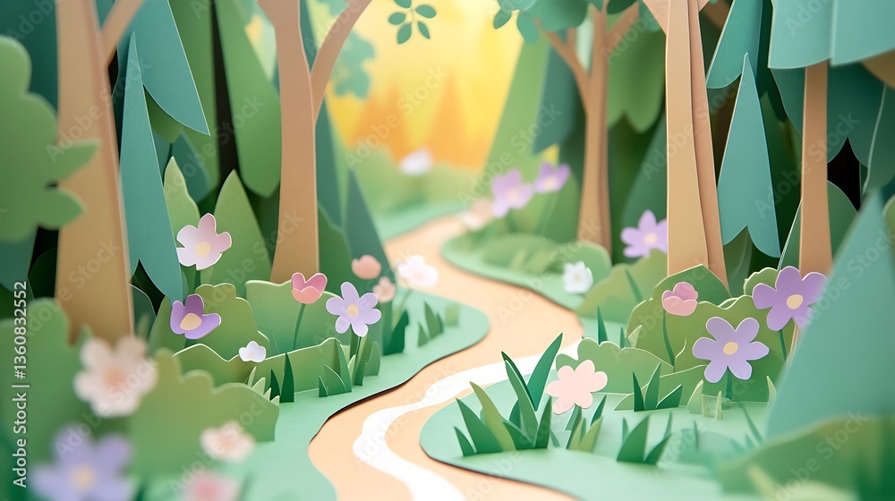 Obraz premium Papercraft forest path with sunlight.