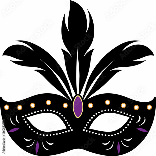 An elegant black masquerade mask adorned with purple accents and dramatic feathers, a symbol of mystery and celebration.