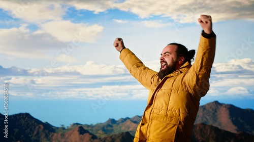 Εκτύπωση καμβά Satisfied adventure seeker stands at the top a towering mountain, taking in the epic view and feeling proud of his hiking achievement