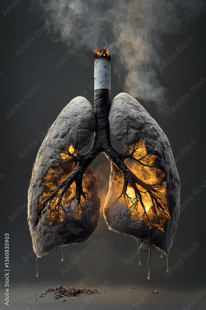 Conceptual art of smoking-caused lung damage with cigarette smoke transforming lungs into burning ashes