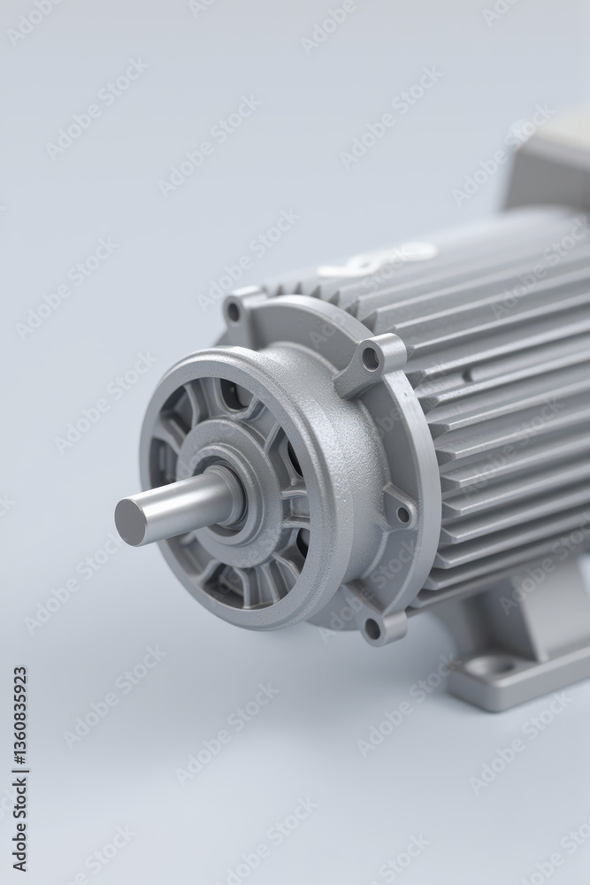 Close-up of industrial electric motor with metallic finish on light background