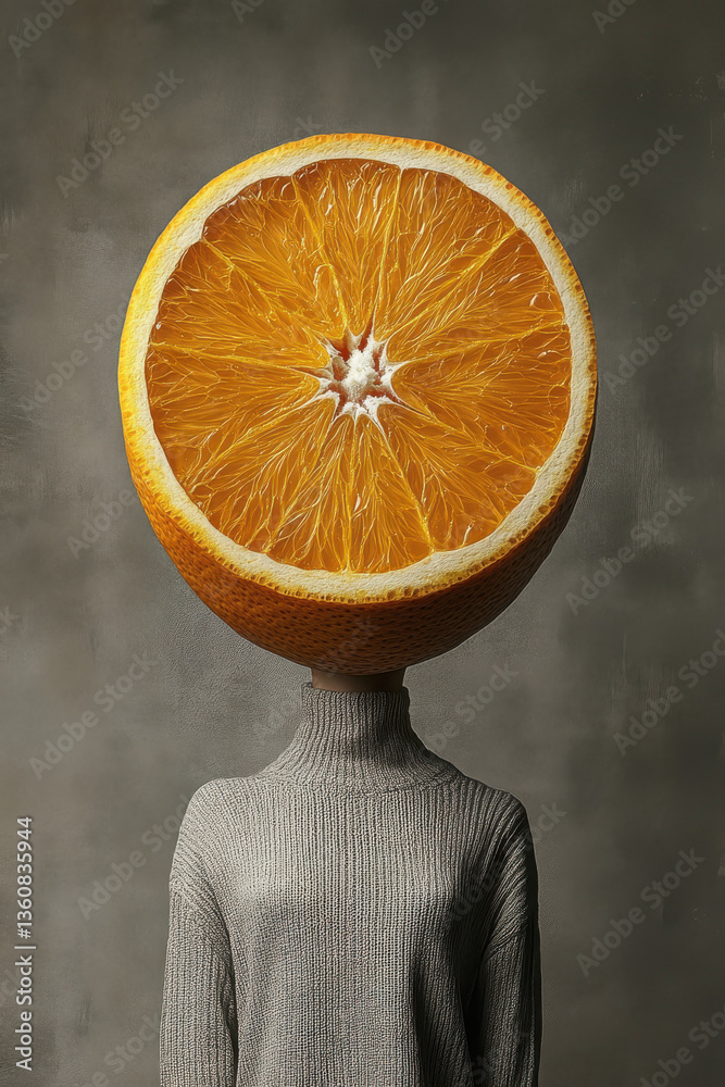 Surreal portrait of sweater-clad figure with half orange head against neutral background