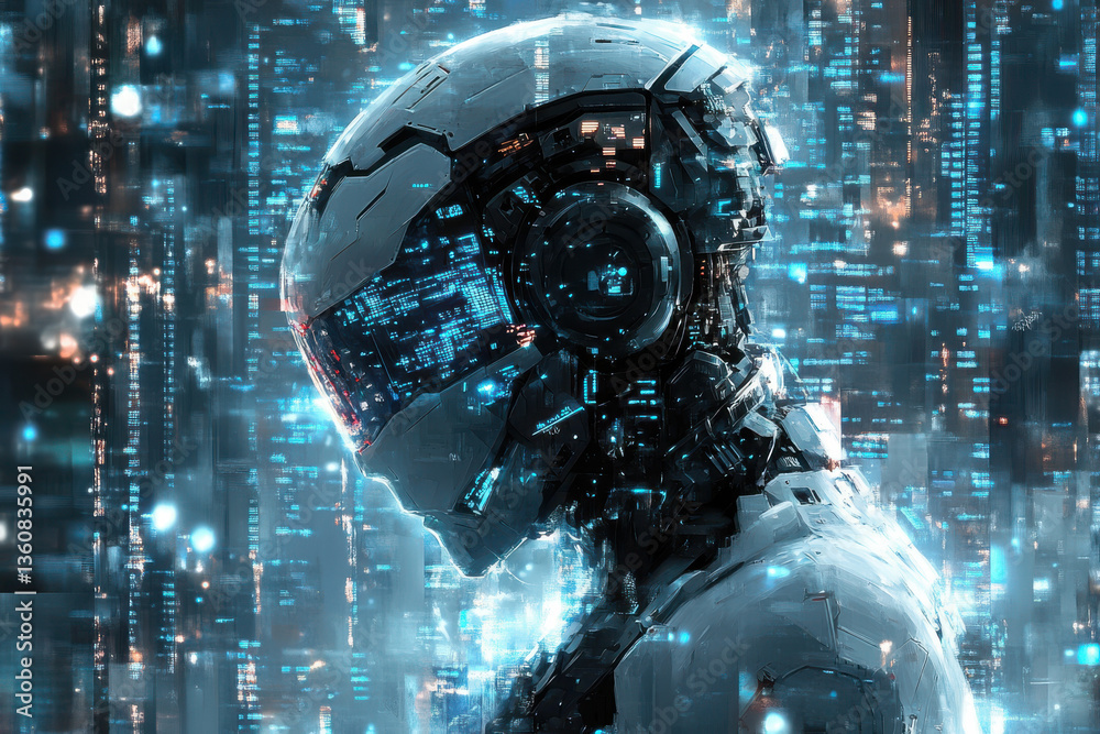 Futuristic cyborg in neon cityscape with advanced digital technology and robotic design