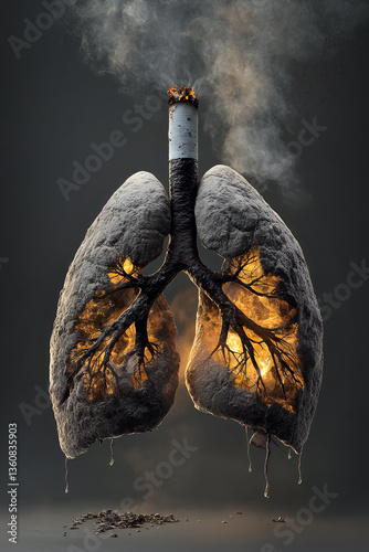 Obraz na płótnie Conceptual art of smoking-caused lung damage with cigarette smoke transforming lungs into burning ashes w salonie