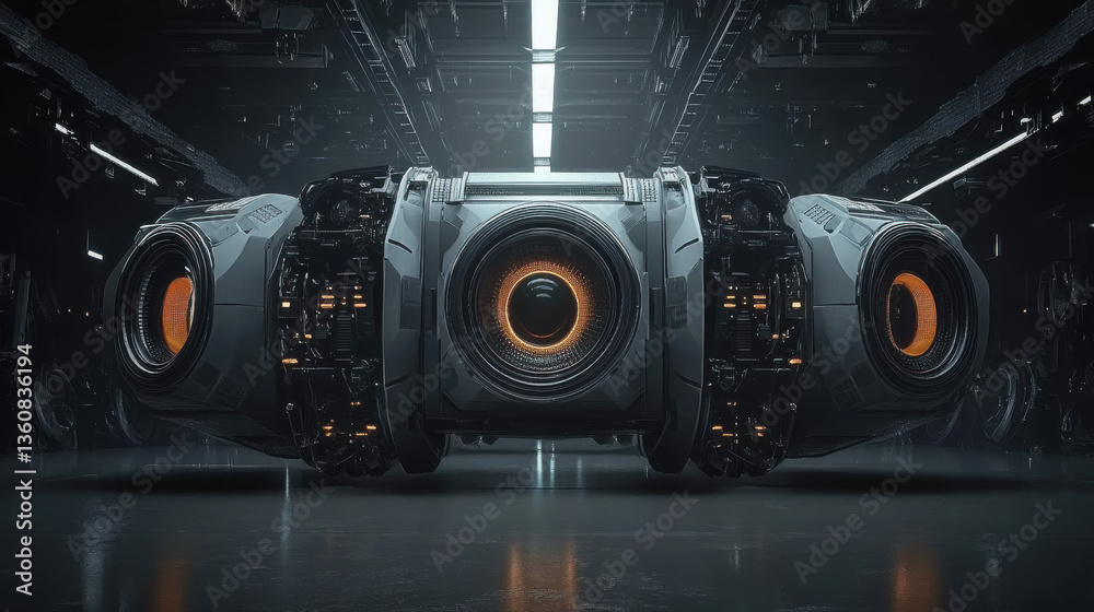 Futuristic industrial machinery with robotics technology and mechanical design in industrial warehouse