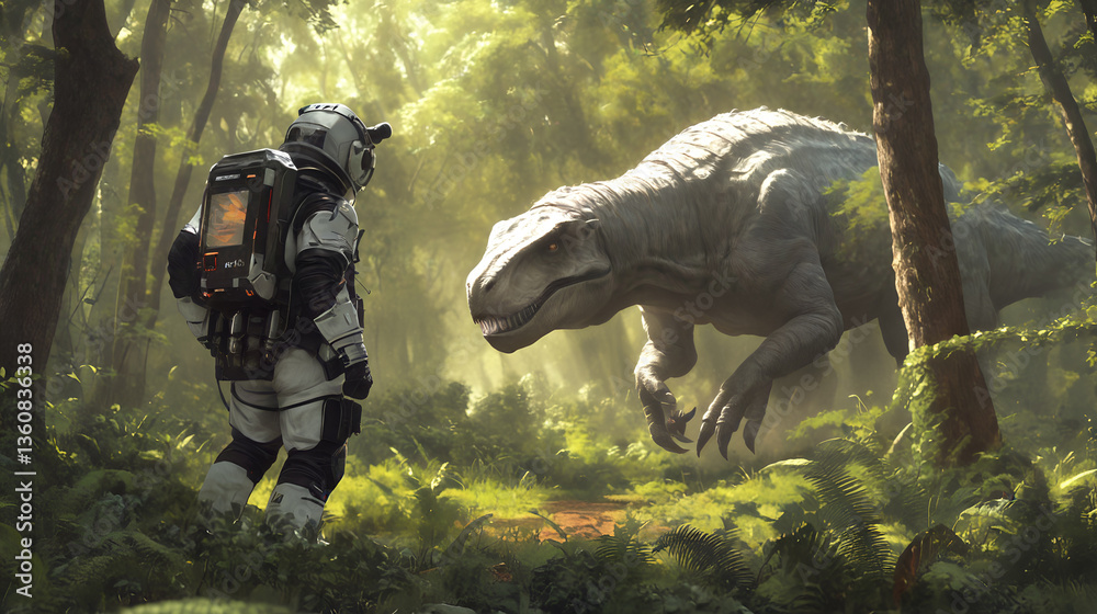 Astronaut encounters dinosaur in lush forest - futuristic adventure with prehistoric creatures
