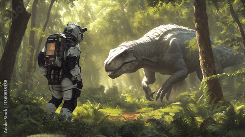 Obraz na płótnie Astronaut encounters dinosaur in lush forest - futuristic adventure with prehistoric creatures w salonie
