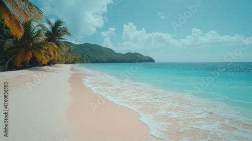 Fototapeta Naklejka Na Ścianę i Meble -  Pristine tropical beach scene.  Tranquil white sand beach meets turquoise water under a sunny sky. Lush greenery and palm trees flank the shore