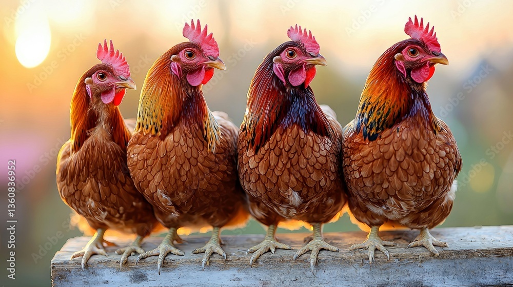Fototapeta premium Four Chickens at Sunset: A Stunning Image of Farm Animals in Golden Light