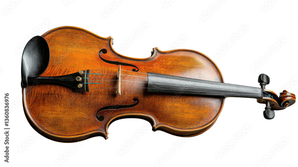Fototapeta premium High angle view of a vintage violin lying down on a white background, ready to be played