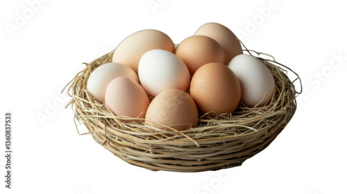 Wallpaper Mural Fresh organic brown and white eggs are lying in wicker basket with hay Torontodigital.ca