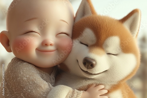 Adorable 3D render of a baby lovingly hugging a Shiba Inu puppy, both with blissful expressions.