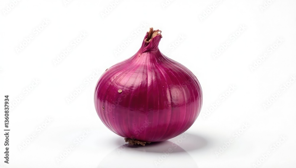 Fototapeta premium Perfectly centered red onion, sharp focus, pure white backdrop, still life, macro, single