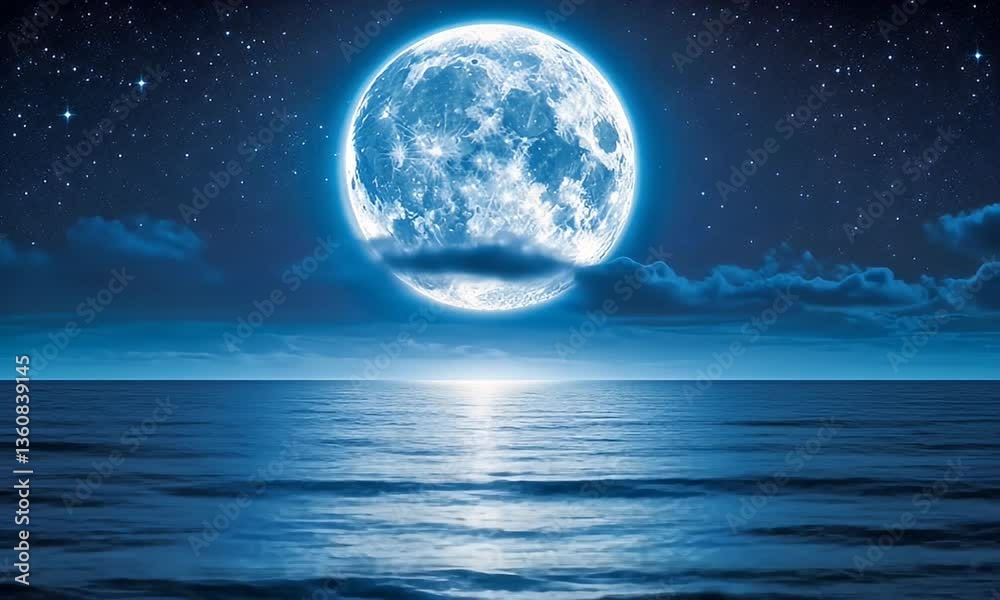 Blue moon over calm ocean at night Blue moon over calm ocean at night