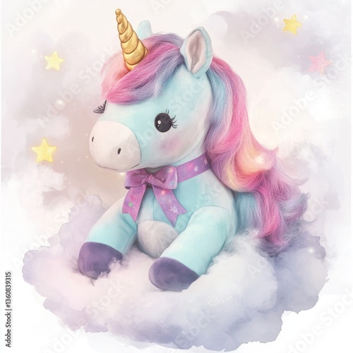 Adorable pastel unicorn plush toy sitting on a fluffy cloud.  Soft, cuddly, and whimsical