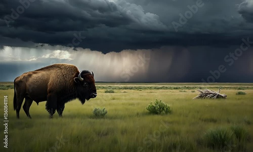 A bison stands in a grassy landscape under a dramatic stormy sky.